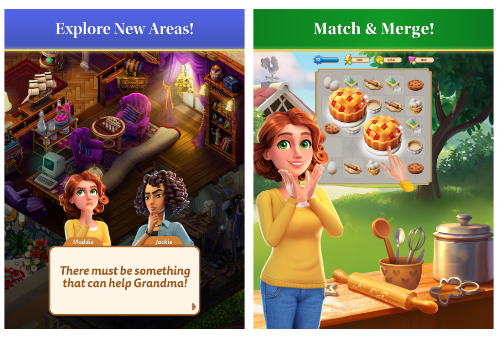 Merge Mansion – Images from Play Store, one showing the preview of an area and the other a gameplay review on the merge board.